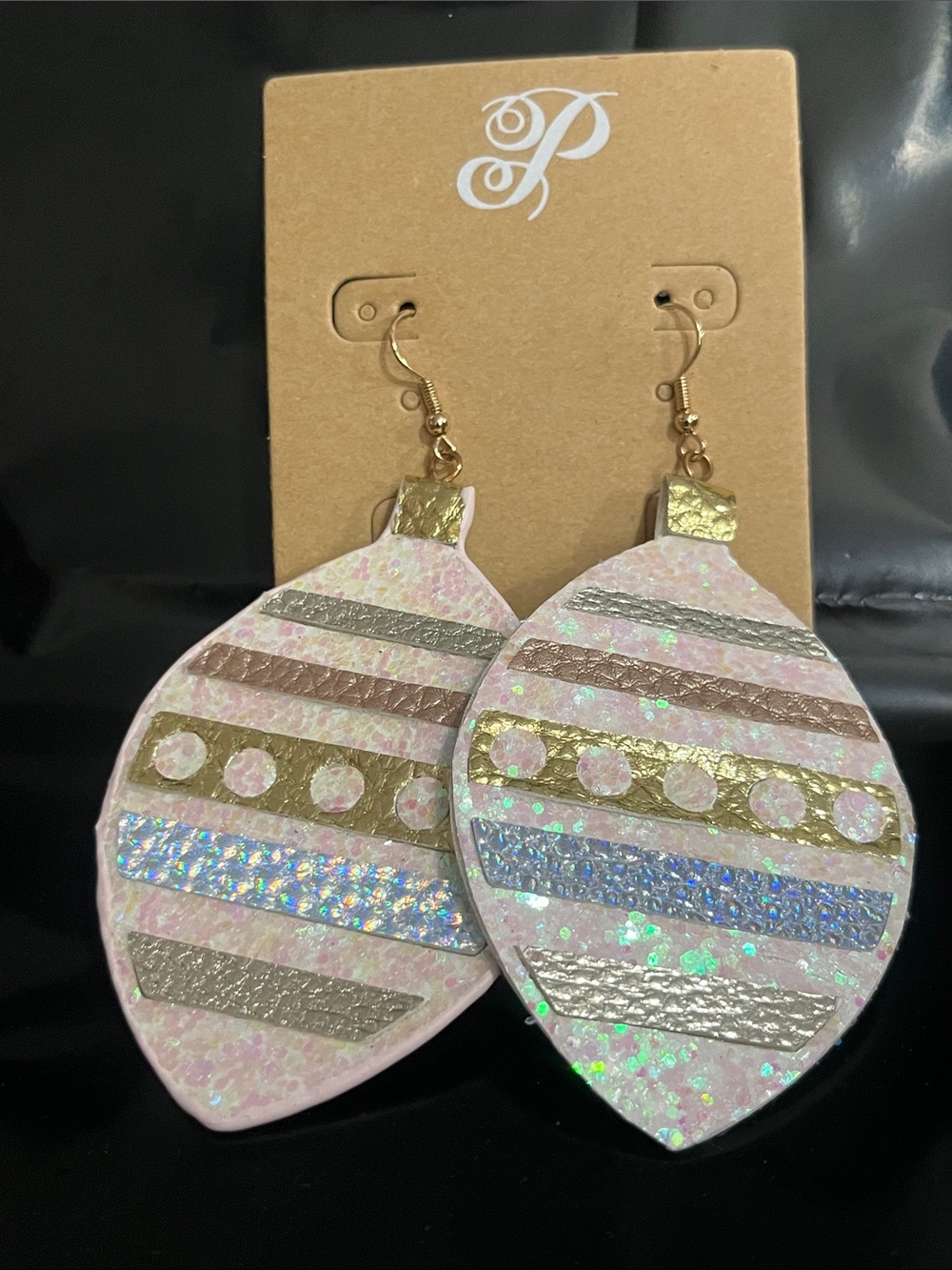Plunder Pink Holographic Striped Leaf Drop Earrings